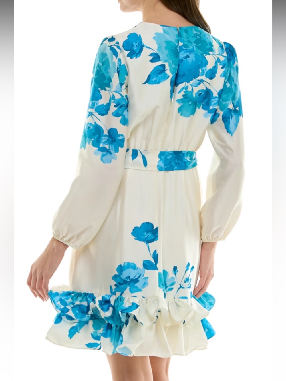 Blue Floral Ruffle V-Neck Mini Dress - Picture 2 of 4